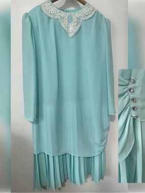 VINTAGE SIMON SEZ Grandmacore Seafoam Pleated Midi Dress Plus Size 17/18